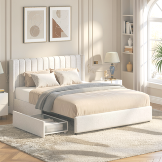 Sunvega Ivory Boucle Upholstered Queen Platform Bed with 2 Storage Drawers