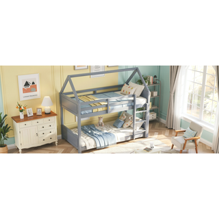 Sunvega Twin Over Twin House Floor Bunk Bed with Headboards and Guardrails Ladder