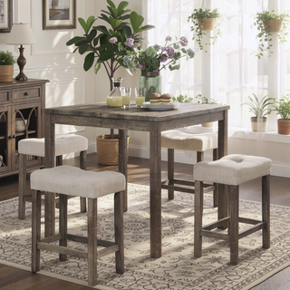 Sunvega Transitional Farmhouse Counter Height Dining Set with Gray Table and Beige Fabric Stools