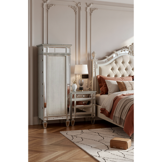 Sunvega Mirrored Nightstand with Geometric Trim and Crystal Knobs for Bedroom