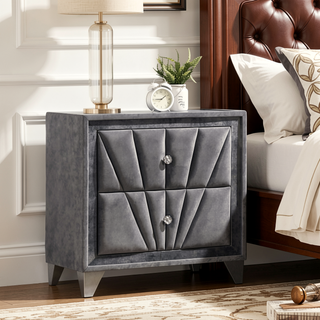 Sunvega Transitional Gray Upholstered Nightstand with Glass Top and Crystal Knobs