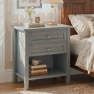 Sunvega Fog Grey Solid Wood Nightstand with Two Drawers and Open Shelf