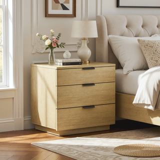 Sunvega Modern Oak Nightstand with 3 Drawers and Glam Metal Handles for Bedroom