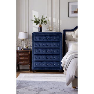 Sunvega Sophia Cream Velvet Upholstered Crystal Tufted 5-Drawer Chest for Bedroom