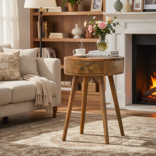 Sunvega Oak Circular Shaped Bedside Table with One Drawer for Home Decor