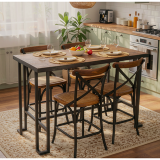 Sunvega Industrial Counter Table with Brown Bamboo Top and Sturdy Metal Frame