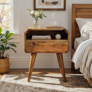 Sunvega Solid Mango Wood Nightstand with Drawer and Shelf in Oak-ish Brown
