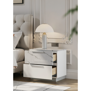 Sunvega Mist Nightstand with Two-Tone High-Gloss Marble Lacquer Finish and Two Spacious Drawers