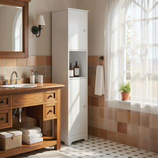 Sunvega 68 Inch High Linen Cabinet with Two Single Doors and Five Shelves