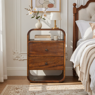 Sunvega Solid Mango Wood Chestnut Nightstand with 2 Drawers and Open Slots