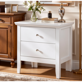 Sunvega Elegant White Transitional Nightstand with Two Drawers for Bedroom
