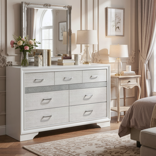 Sunvega Annie White 9-Drawer Dresser with Glittery Front Panel and Hidden Jewelry Drawer