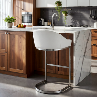 Sunvega Brushed Stainless Steel Bar Stool with White Faux Leather Upholstery