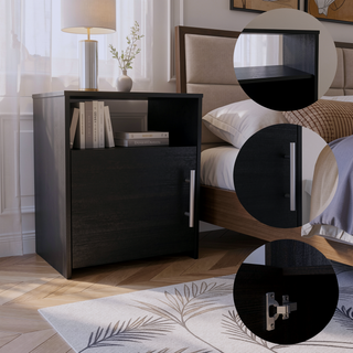 Sunvega Black Nightstand with Single Door Cabinet and Metal Handle for Bedroom