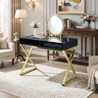 Sunvega White and Gold Vanity Desk with Mirror and Jewelry Storage Tray