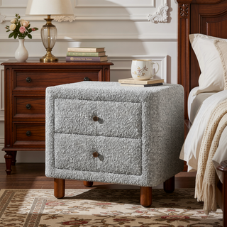 Sunvega Classic Gray Two Drawer Nightstand with Plush Boucle Upholstery and Wooden Legs