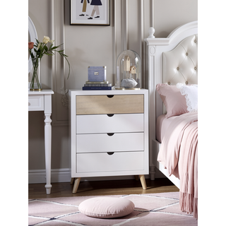 Sunvega White and Natural Finish Pine Wood Nightstand with Drawer and Shelf