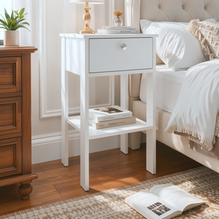 Sunvega Modern White Nightstand with Dual Drawers and Open Shelf for Bedroom