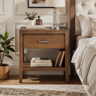 Sunvega Transitional Light Brown Nightstand with Dovetail Drawer and Open Shelf