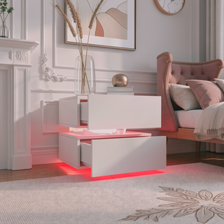 Sunvega White High Glossy Modern Nightstand with 2 Drawers and RGB LED Light