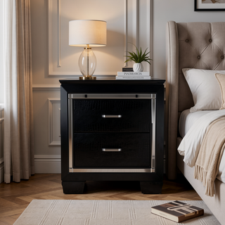 Sunvega Silver Faux Alligator Embossed Nightstand with 2 Dovetail Drawers and LED Lighting