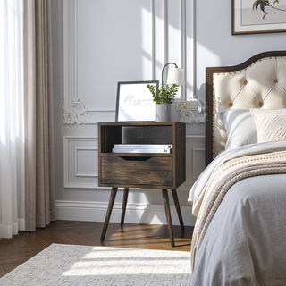 Sunvega Modern Dark Walnut Nightstand with Spacious Drawer and Open Shelf for Bedroom