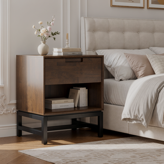 Sunvega Mid Century Nightstand with Storage Drawer and Walnut Brown Finish