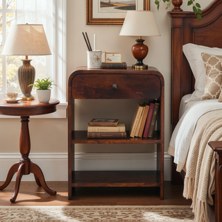Sunvega Solid Mango Wood Bedside Table with Drawer and Open Shelves