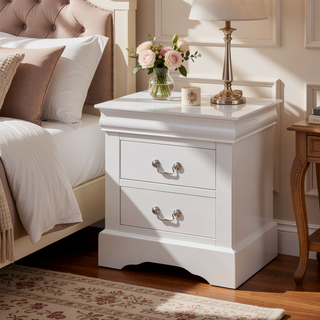Sunvega Classic Louis Phillipe Style White Finish Two Drawers Nightstand Bedroom Furniture
