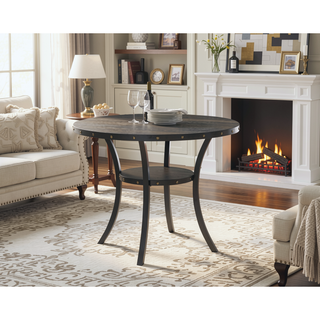 Sunvega Espresso Wood Counter Height Round Dining Table with Nailhead Accent and Shelf