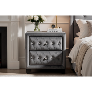 Sunvega Cream Velvet Upholstered Nightstand with Crystal Tufted Design and Two Drawers
