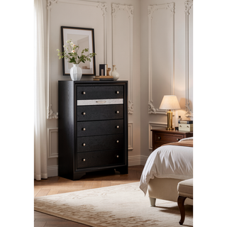 Sunvega Modern Glam Five Drawer Chest with Jewelry Tray Black Finish