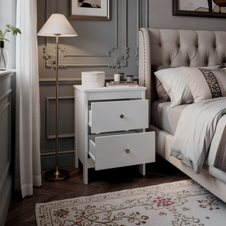 Sunvega Compact White Nightstand with 2 Smooth-Gliding Drawers for Bedroom Storage