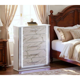 Sunvega Modern White and Gold Finish Five-Drawer Chest with LED Lights