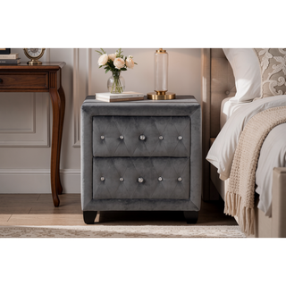 Sunvega Cream Velvet Upholstered Nightstand with Crystal Tufted Design and Two Drawers