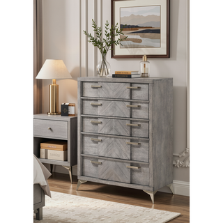 Sunvega 5 Drawer Chest in Gray with Custom Hardware and Book Matched Veneers