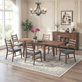 Sunvega Walnut Finish Extendable Dining Table with Self Storing Leaf Wooden Furniture