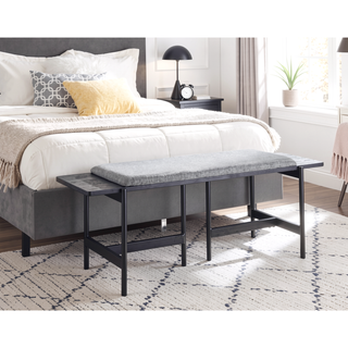 Sunvega Contemporary Black Metal and Grey Fabric Bench with Distressed Wood Accent