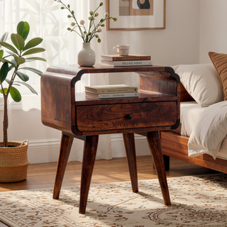 Sunvega Handcrafted Solid Mango Wood Nightstand with Drawer and Open Shelf