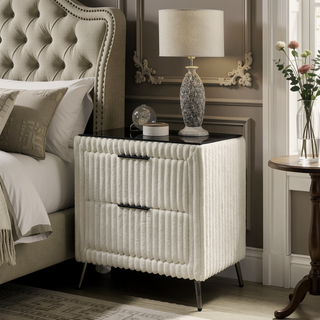 Sunvega Cream Wide Wale Corduroy Upholstery Nightstand with Two Spacious Drawers