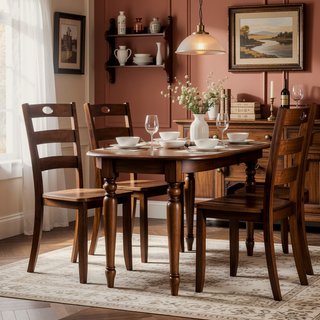 Sunvega Transitional Walnut Finish Dining Table Set with Four Slat Back Chairs