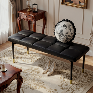 Sunvega 47 Inch Multifunctional Black Shoe Bench with Faux PU Cushion and Gold Accents