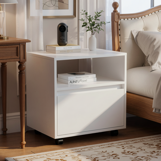 Sunvega Modern White Nightstand with Drawer and Casters for Bedroom Living Room