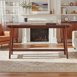Sunvega Mid-Century Modern Dining Table with Trestle Base and Walnut Veneer