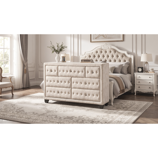 Sunvega Cream Velvet Upholstered Crystal Tufted 7-Drawer Dresser with Wood Frame