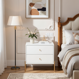 Sunvega Modern Nightstand in Off White with Two Full Extension Drawers