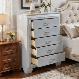 Sunvega Silver Faux Alligator Embossed Nightstand with 2 Dovetail Drawers and LED Lighting