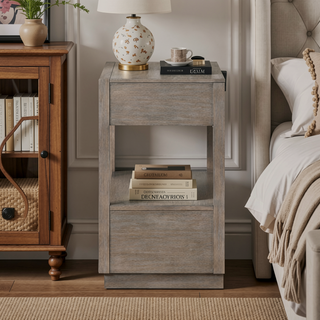 Sunvega Modern Two-Drawer Nightstand with Open Shelf in Warm Taupe Oak