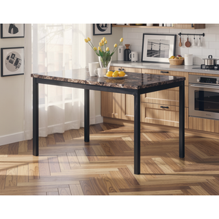 Sunvega Casual Square Metal Dining Table with Faux Marble Top and Black Legs