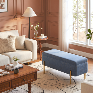 Sunvega Gold Metal and Blue Fabric Contemporary Storage Bench with Flip Top Lid